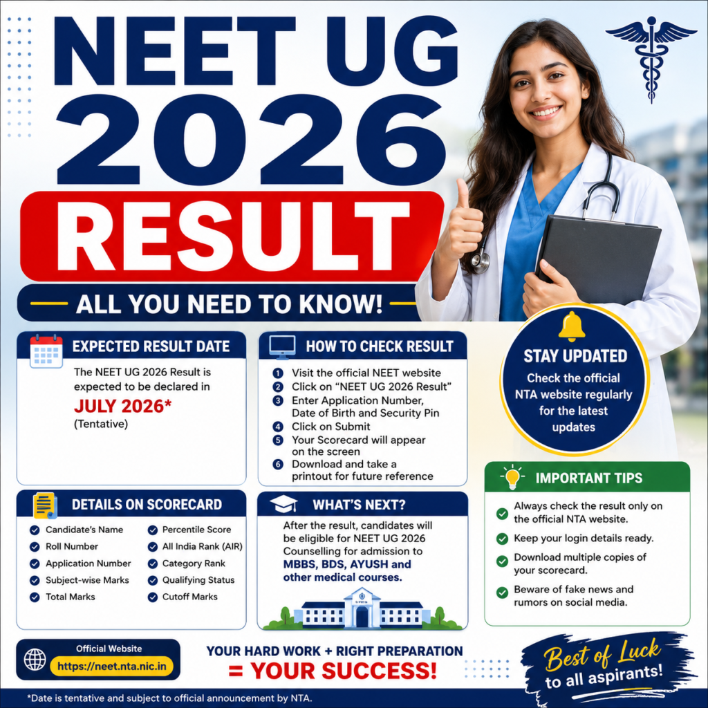 NEET Result 2026, NEET UG Result 2026, NEET Scorecard 2026, NEET 2026 Result Date, NEET UG Counselling 2026, NEET Cutoff 2026, NTA NEET Result, Medical Admission 2026.